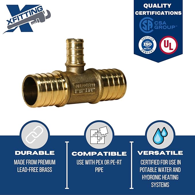 XFITTING 1 inch X 1 inch X 1/2 inch Pex Tee - Pex B Pipe, Crimp Fittings, Brass, 10 Pieces