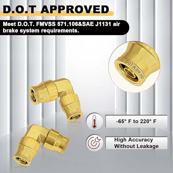 Siptenk 3PCS 3/8" Elbow DOT Brass Push to Connect Fittings, 3/8" OD Tube Air Brake Line Quick Connect for Truck Trailers Industry Air System