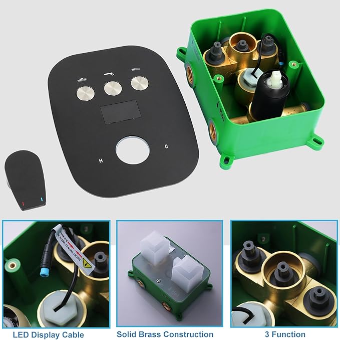 3 Way Matte Black 3 Function Shower Diverter Valve Temperature Control Display Push Botton Shower Diverter Pressure Balancing Modern Valve Trim Rough-In Mixing Shower Valve Kit