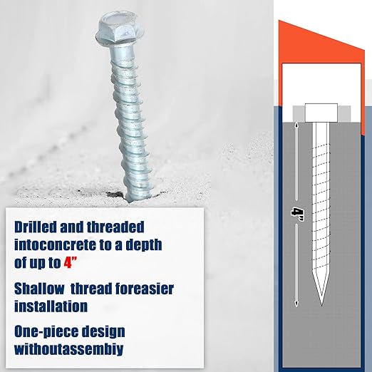Tandefio 50 Pack 1/4" x 4" Concrete Screw Anchor Galvanized Large Diameter Heavy Duty Plated Concrete Anchors for Masonry Brick Anchoring Block Decking Framing Hex Drive