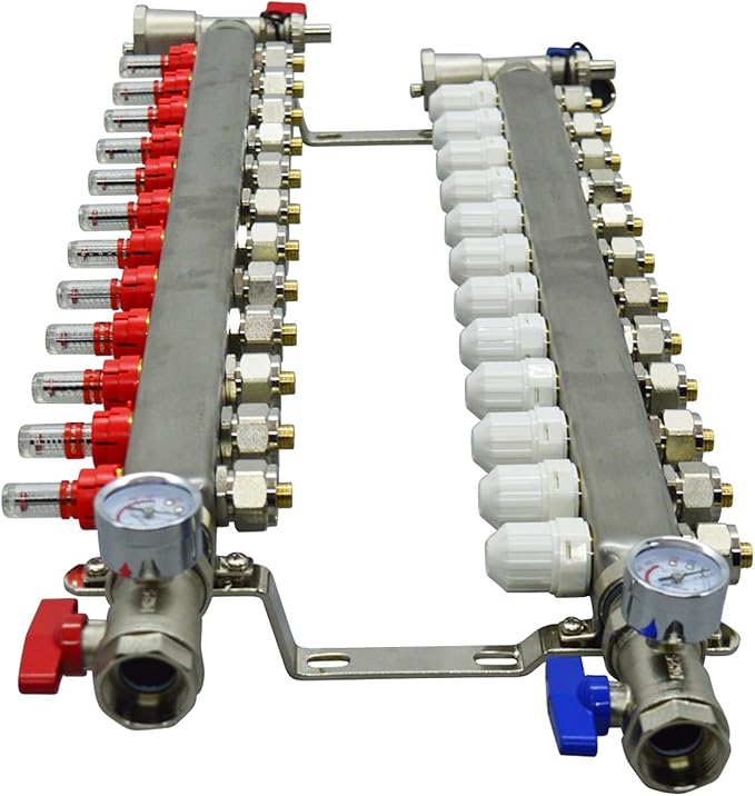 12 Branch PEX Radiant Floor Heating Manifold Set Floor Heating Water Distributor 1/2" Pipe Adapter 304 Stainless Steel and Brass, for Heating Systems