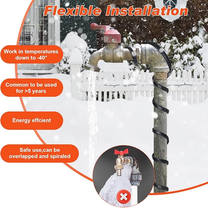 3FT（3~200FT） Heat Tape for Water Pipes, -40°F Deicing Heating Cable, Freeze Protected Water Pipe Heating Cable,120V 5W/ft