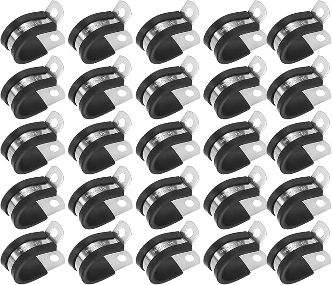25-Pack Cable Clamps, 25/32 inch/ 20 mm 304 Stainless Steel Rubber Cushioned Insulated Cable Clamp R Shape Metal Holder for Tube/Wire/Pipe/Loop Installation