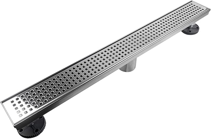 Neodrain 36-Inch Linear Shower Drain with Removable Quadrato Pattern Grate Cover, Polished 304 Stainless Steel Shower Linear Drain, Chrome Bathroom Floor Drainage &Leveling Feet, Hair Strainer, CUPC