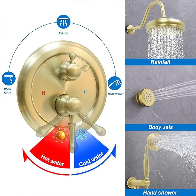 Enga Antique Shower Faucet Sets 8 inch Rainfall Head with Body Jets Handheld Spray Fixtures Combo, Brass 3 Way Diverter Rough in Valve Trim Kit, Brushed Gold