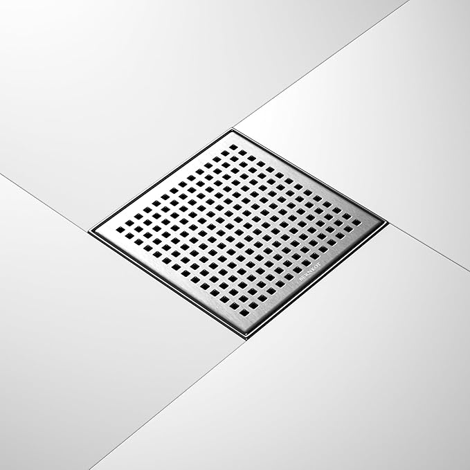 Square Shower Drain 8", 304 Stainless Steel Floor Drain with Grid Drain Cover & Hair Strainer, Retrofit Shower Drain w/CUPC Certified, Brushed