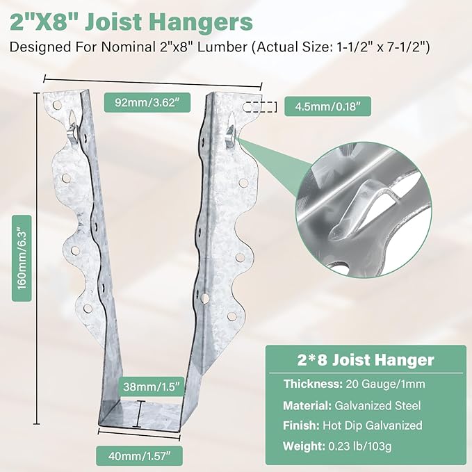 50 PCS 2"x8"Joist Hanger,20 Gauge Double Shear Face Mount Rafter Hanger for Deck Brackets,Rafter Brackets,Hurricane Ties for rafters