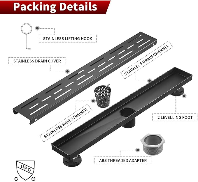 Sharp-tec Linear Shower Drain, 36 inch Shower Drain with Removable Pattern Cover, Matte Black 304 Stainless Steel Rectangle Floor Drain, Adjustable Feet and Hair Strainer Included (Model 101)