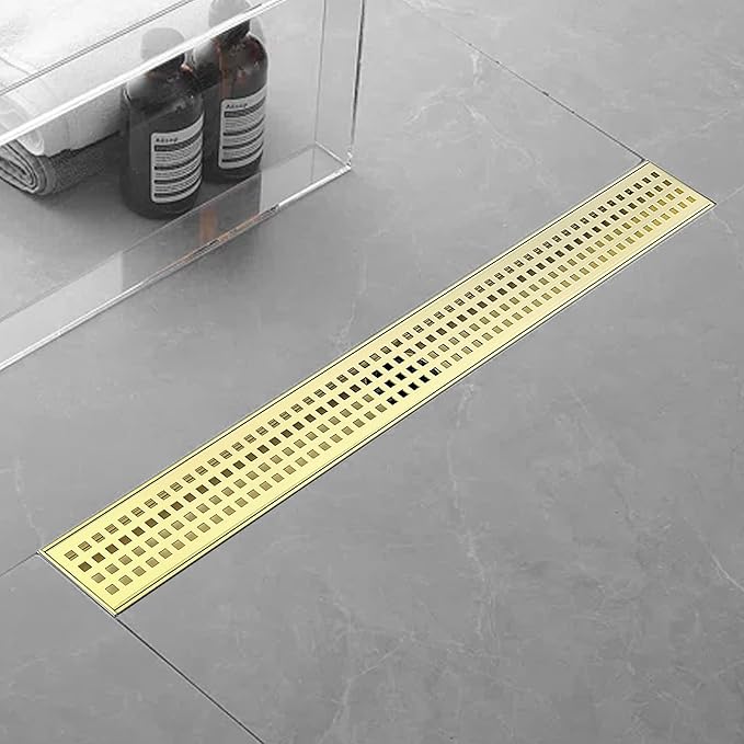 28 Inch Linear Shower Drain Bathroom Kitchen Golden Floor Drain Removable Capsule Pattern Cover Accessories Shower Drain 304 Stainless Steel Drain with Hair Strainer Adjustable Leveling Feet