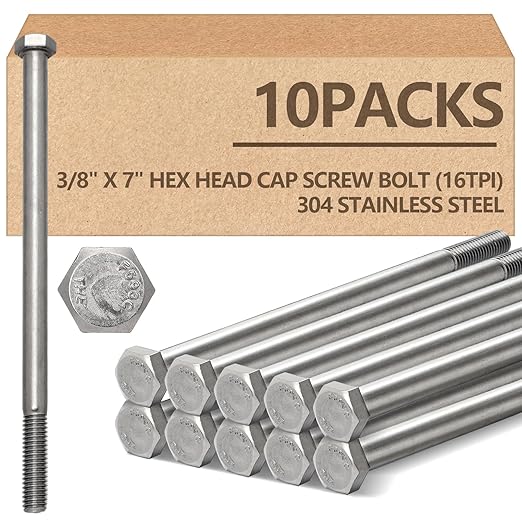 10 Pack 3/8-16 x 7'' Hex Head Cap Screw Bolt 304 Stainless Steel Half Thread External Hex Drive Screw Bolt Fastener for Wet Outdoor Metal Framing Concrete Reinforcement Railing Trellises