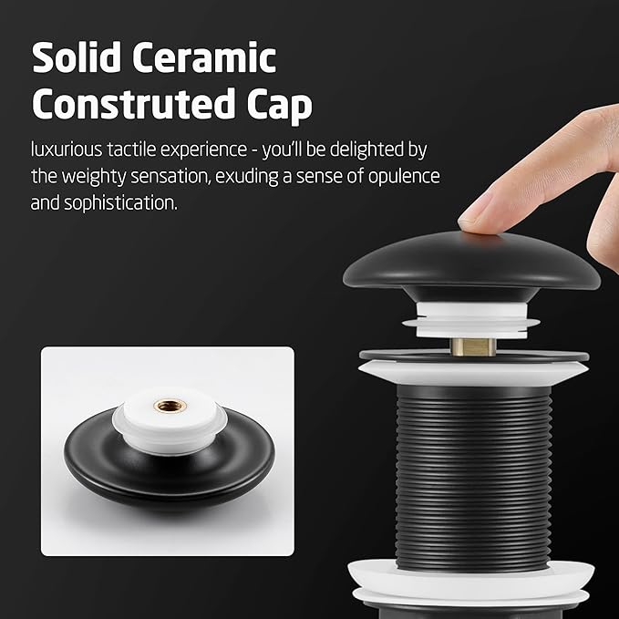 KES Bathroom Sink Drain Without Overflow, Solid Ceramic Cap Pop Up Drain for Bathroom Sink, Ceramic Bathroom Sink Stopper, All-Metal Body Matte Black, S2008D-CB
