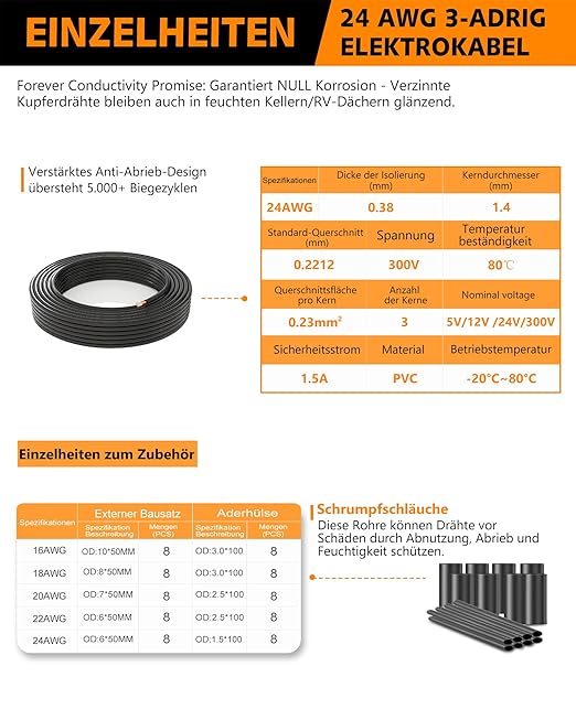 24 AWG 24/3 Gauge Electrical Wire - 26.25FT UL2464 Certified Oxygen-Free Stranded Tinned Copper Cable for Low Voltage LED Systems | 5V/12V/24V/300V DC Power Supply | Automotive Lighting