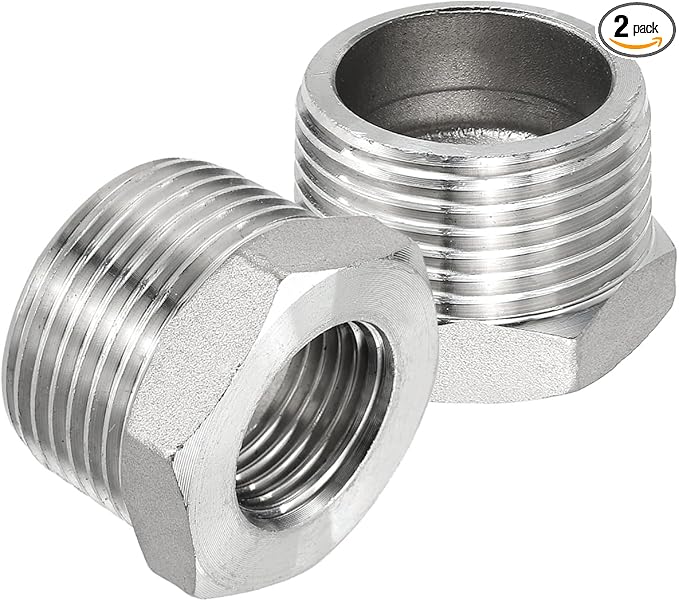 PATIKIL 304 Stainless Steel Reducer Hex Bushing 2 Pcs, 1" BSPT Male to 1/2" BSPT Female Pipe Reducing Adapter Fitting Connector for Water Gas Hydraulic Pipes Shower Hose, Silver