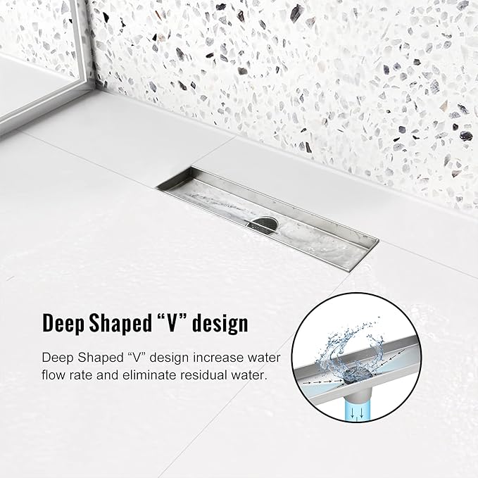 Linear Shower Drain, 12 inch Drain with Removable Grate Cover, Brushed 304 Stainless Steel Shower Floor Drain, Linear Drain with Hair Strainer and Adjustable Feet
