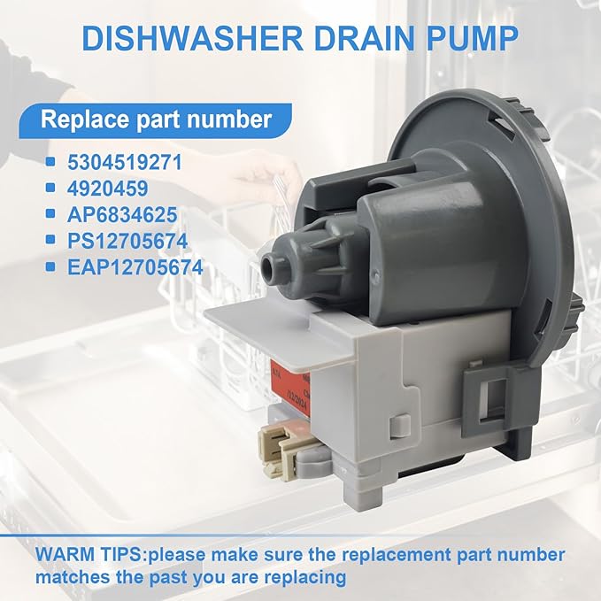 2718A Dishwasher Drain Pump for Frigidaire 5304519271 Compatible with Frigidaire Kenmore Electrolux Ikea Dishwasher Machine Replace 4920459 AP6834625 PS12705674 EAP12705674 120V 60Hz 0.7A