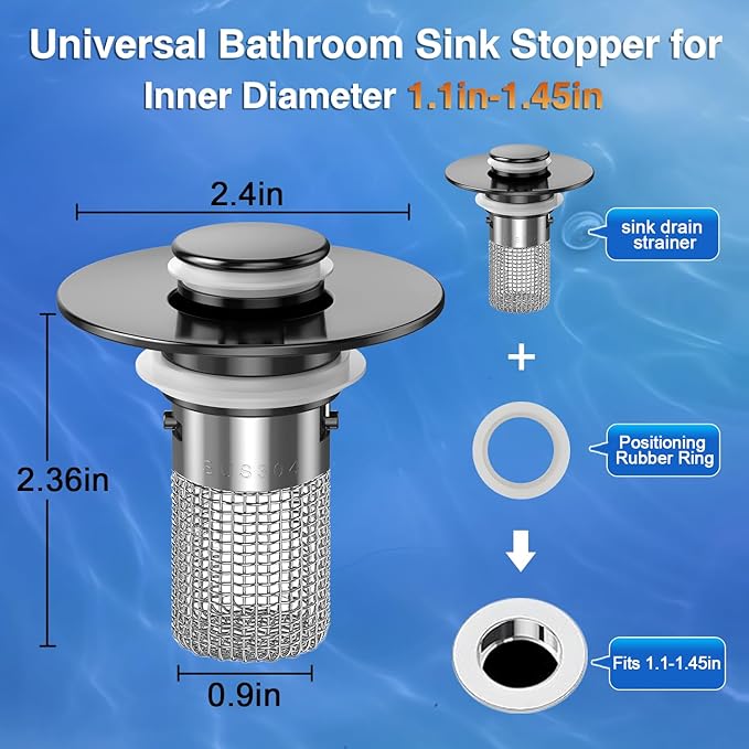 Sink Stopper Hair Catcher, Pop-up Sink Drain Strainer with Removable Stainless Steel Strainer Basket Hair Catcher, Bathroom Sink Strainer for Bathroom Sink Stopper Replacement(Matte Black-1PCS)