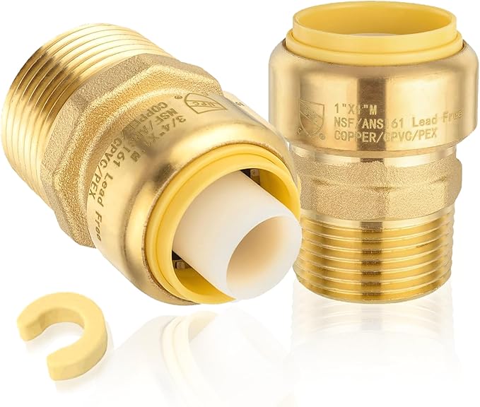 2-Pack HeSun Pushfit Male Adapter, 1" MNPT x 3/4" Push to Connect Plumbing Fittings with Disconnect Clip, Brass Push-fit Fittings for PEX, Copper, CPVC, PE-RT Pipes(PF148-2)