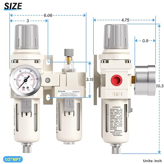 TAILONZ PNEUMATIC 1/2 Inch NPT Air Filter Pressure Regulator Water/Oil Trap Separator Combo(0-145PSI),Air Tool Compressor Filter with Gauge AC4010-04(Manual Drainage)