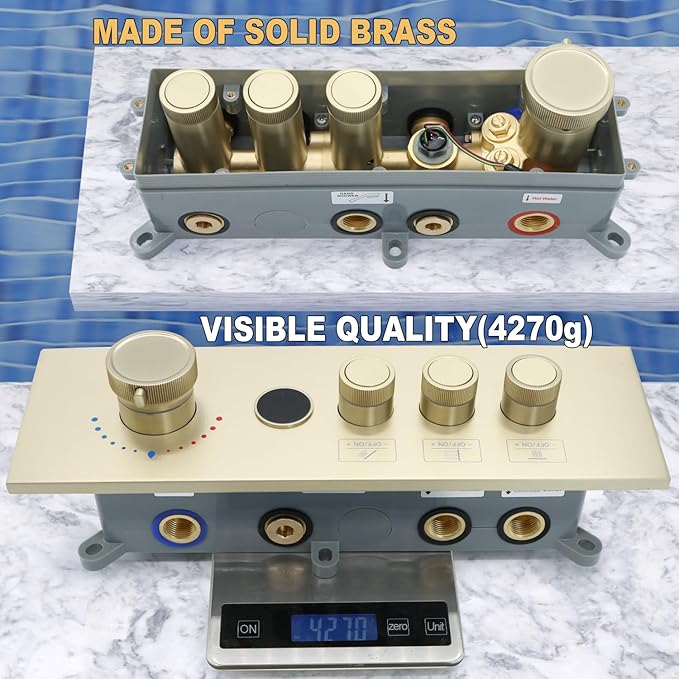 Enga 3-Function Shower Mixing Valve, Temperature Display Push-Button Thermostatic Valve with Flow Volume Control, Brushed Gold