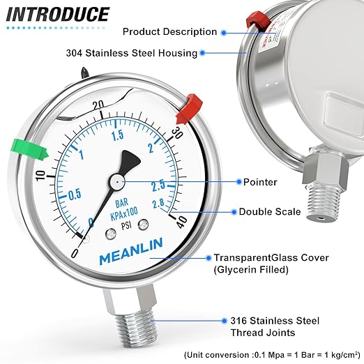 MEANLIN MEASURE 0~40Psi Liquid Filled Pressure Gauge Stainless Steel 2.5" FACE DIAL 1/4" NPT 316 Stainless Steel Joint for Pool Sand Filter Water Oil Air Pressure Test Lower Mount, with 2PCS Snaps