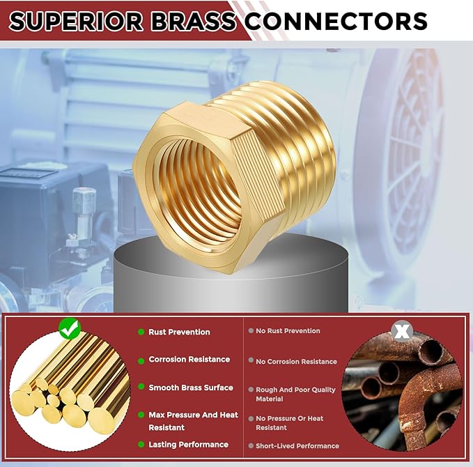 Pack of 15, 1/2" NPT Male to 3/8" NPT FeMale Solid Brass Hex Bushing, Hose Fittings Adapter Threaded Reducer Heavy Duty for Pipe Leak Repair, Pneumatic Systems, Compression