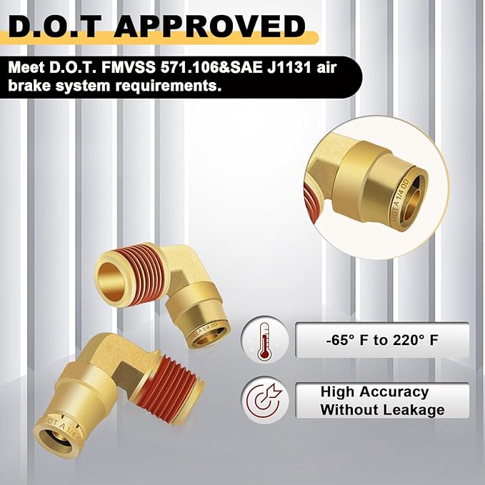 Siptenk 1/4" Elbow DOT Brass Push to Connect Air Line Fittings 5 PCS, 1/4" OD Tube x 1/4" NPT Thread Air Brake Line Quick Connect Fittings for Truck Trailers Industry Air System