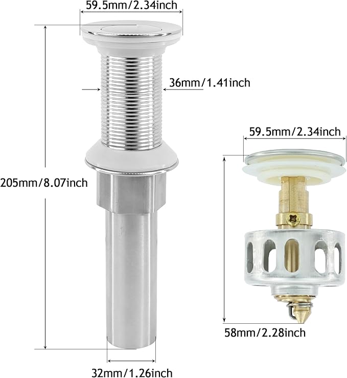 Bathroom Sink Drain,Drain Stopper Bathroom Sink Without Overflow,Small Cap Pop Up Drain Assembly with Detachable Strainer Basket,Built-in Anti-Clogging, Stainless Steel Nut Brushed Nickel