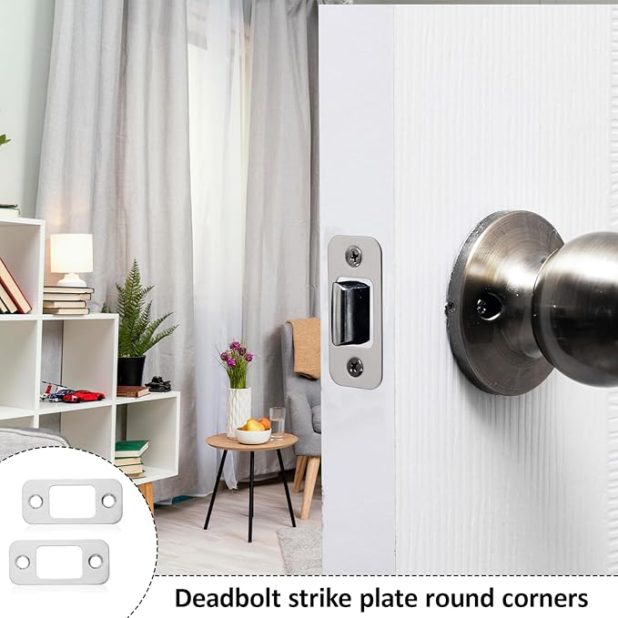 4Pcs Door Strike Plate Round Corner Stainless Steel Deadbolt Strike Plate 1" x 2-1/4" Door Lock Plates with 8 Screws for Interior/Exterior Doors