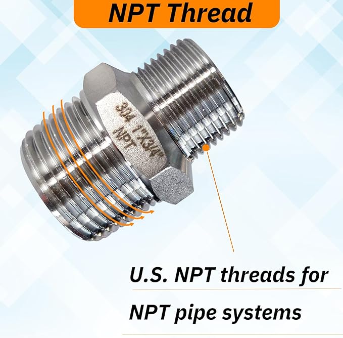 2pcs 1" NPT x 3/4" NPT Stainless Steel Nipple, 1 to 3/4 Adapter Fitting Reducing Solid Hex Stainless Steel Nipple, Male Pipe Fittings for Extending and Connecting Pipes