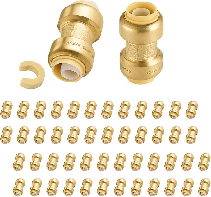 50-Pack Niikappu Push Fit Fittings, 1/2" x 1/2" Brass Plumbing Fittings to Connect PEX, Copper, CPVC, Brass Straight Coupling With Disconnect Clip