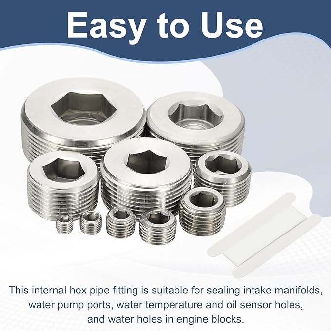 PATIKIL 1" NPT Male Internal Hex Pipe Fitting, 2 Pcs 304 Stainless Steel Pipe Plug Fitting Assortment Kit Countersunk Thread Head Socket Pipe Plug Fitting Adapter with Tape, Silver