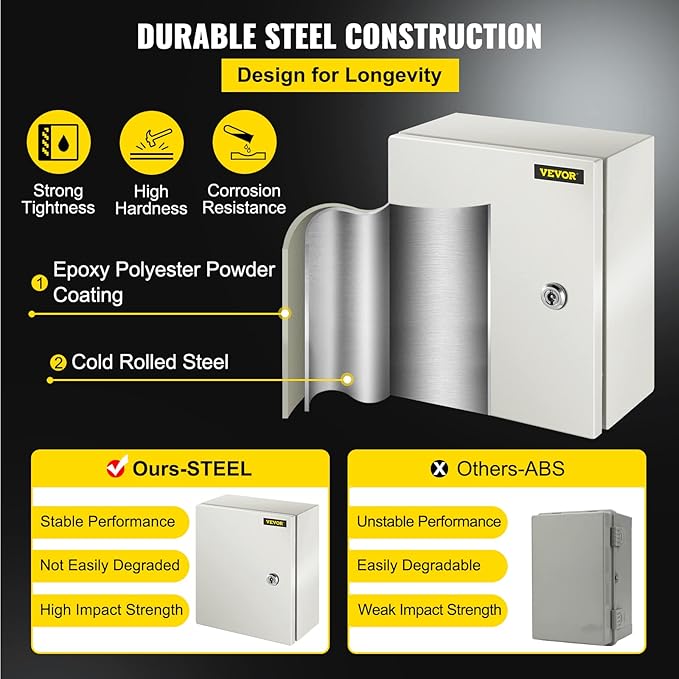 VEVOR NEMA Steel Enclosure, 12 x 10 x 6'' NEMA 4X Steel Electrical Box, IP66 Waterproof & Dustproof, Outdoor/Indoor Electrical Junction Box, with Mounting Plate