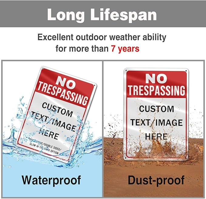 Custom No Trespassing Sign, Glow in the Dark/Reflective Option, 16''x12'' Personalized Large Aluminum Warning Signs, Customize for Business, Yard, Garden, School, Driveway, Outdoor