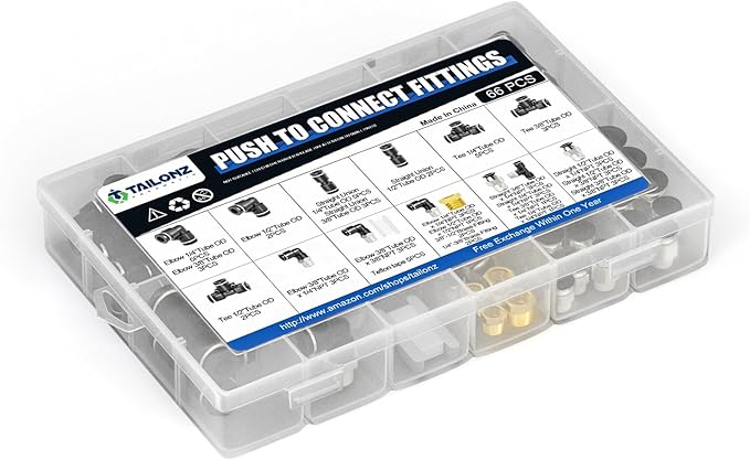 TAILONZ PNEUMATIC Black 1/4" 3/8" 1/2" Push to Connect Fittings, Push-in Fittings Thread Connection Kits Suitable for Nylon, PU Tube etc. (Pack of 66)