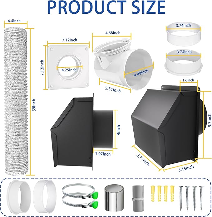 4" Dryer Vent Cover Outside, Dryer Vent Connection Kit, Stainless Steel Wall Dryer Exhaust Vent Cover, One Way Damper, Prevents Lint Buildup & Animal Entry, Universal Fit for All Dryer Systems