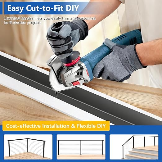 2Pack 8FT Stainless Steel Black Handrail for Cable Railing Post Kit, 2" W X 1" H Cuttable Rectangular Top Rail with End Cap Screw for Staircase Remodel Hallway Handrail Deck Railing Balcony