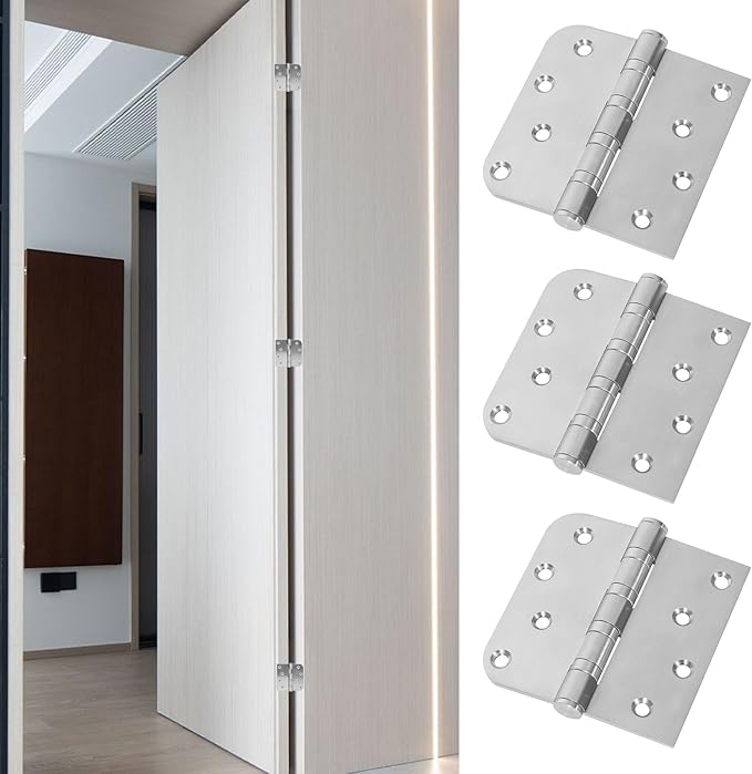 3 Pack Ball Bearing Door Hinges, 4 Inch x 4 Inch Heavy Duty Stainless Steel Door Hinges with Square & 5/8'' Round Radius Corner for Exterior & Interior Doors, Silver