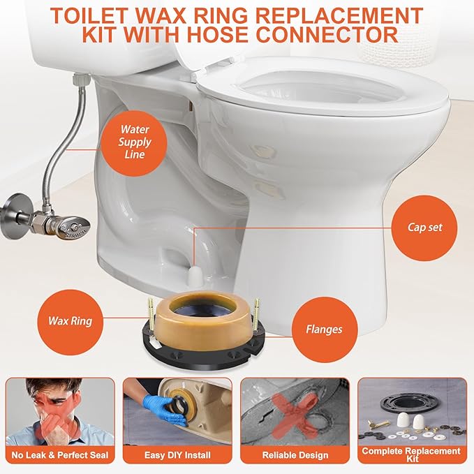 Extra Thick Toilet Wax Ring Replacement Kit with Flange & 16" Water Supply Line (7/8 in. Ballcock x 3/8 in. Comp) – Toilet Installation Kit, 3"/4" Drain Compatible, Toilet Flange Repair Kit