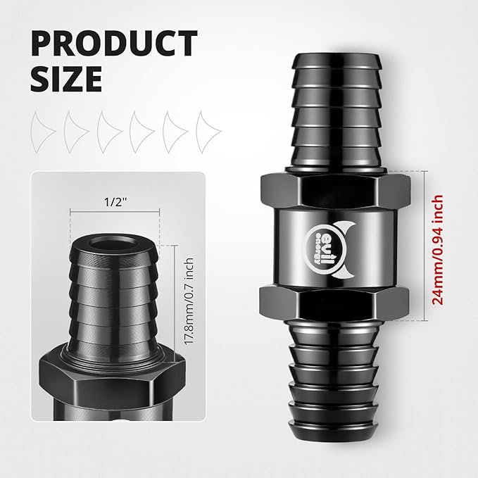 EVIL ENERGY 1/2" (12mm) Check Valve, 2 Pcs Aluminum One Way Fuel Check Valve for Gasoline, Diesel & Coolant with Universal Hose Clamps, Black