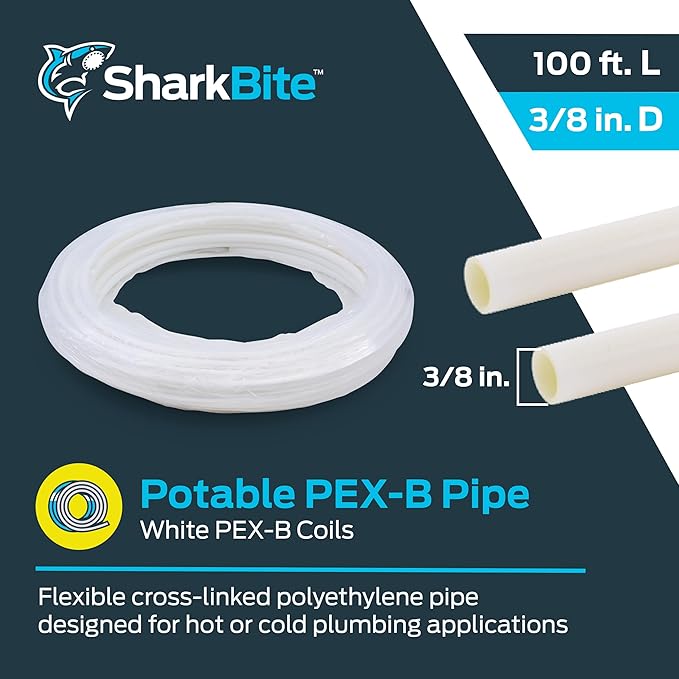 SharkBite 3/8 Inch x 100 Feet White PEX-B, PEX Pipe Flexible Water Tubing for Plumbing, U855W100