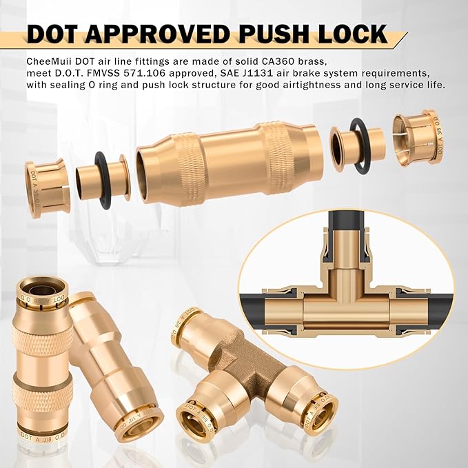 CheeMuii 58 Pcs Brass DOT Air Line Fittings Kit Push Lock DOT Air Fittings Push to Connect Fittings NPT Thread & Quick Connect Air Hose Fittings for Air Line Air Hose Pneumatic Tubing