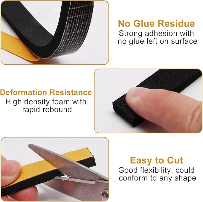 Weather Stripping Door Seal Strip, Strong Adhesive, Cold Insulation, Weatherproof, High Density Foam Insulation Tape for Doors, Windows, Sliding Door, Black (1/2 in x 1/4 in x 26 Ft)