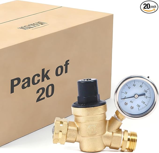 U.S. Solid 3/4" GHT RV Water Pressure Regulator, Adjustable Lead-Free Brass Water Regulator Valve with Gauge & Filter for RV, Camper & Garden Hose(20-PACK)