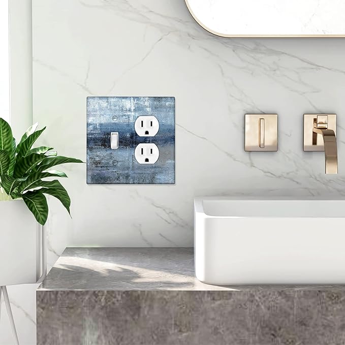 Blue Grey Light Switch Cover 2 Gang Outlet/Toggle Decorative Wall Switch Plates Abstract Art Wallplates Outlets Cover for Kitchen Bedroom Decor