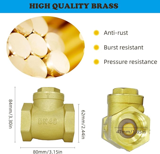 1-1/2"NPT Swing Brass Check Valve DN40, 1-1/2NPT Female Thread Horizontal One Way Valve to Prevent Water Backflow for Sump Pump and Air Compressor