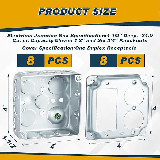 8 Set 4 × 4" Electrical Junction Box with Cover Electrical Metal Outlet Box, 21.0 Cu. in. Capacity Receptacle Exposed Work Cover, 1-1/2'' Deep (1 Gfci and 1 Duplex)