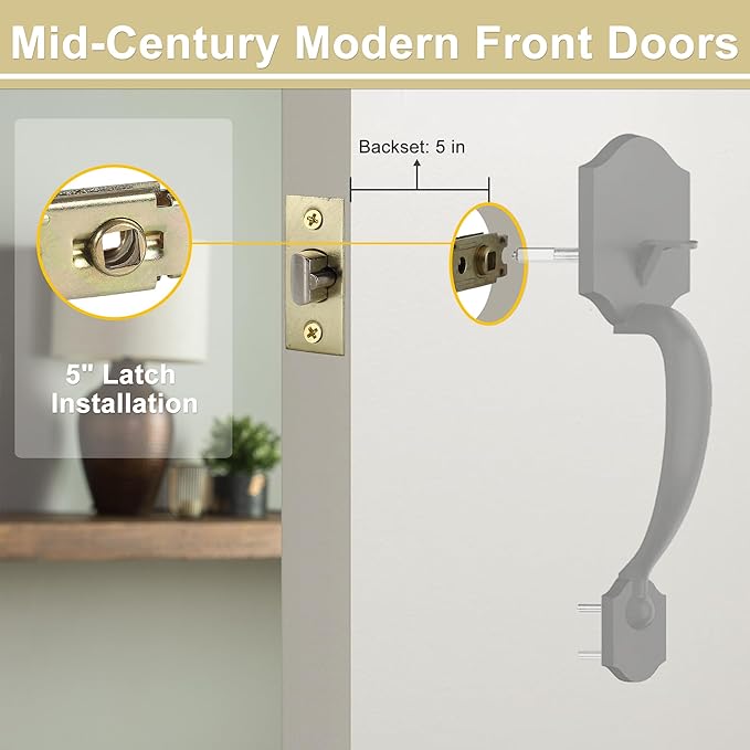 5-Inch Backset Entry Door Latch Fit Standard Knobset, 90° Square Interface with Square Corner Faceplate, Requires a 2-1/8" Cross Bore & 1" Edge Bore, Non-Handed, Polished Brass