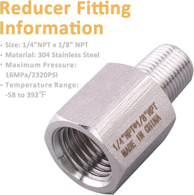 Forged Reducer Adapter Fitting - Stainless Steel 304 Reducing Pipe Connector, 1/4" NPT Female x 1/8" NPT Male (pack of 2)