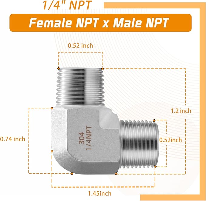 Stainless Steel Pipe Fitting 90 Degree Barstock Street Elbow 1/4" NPT Male x 1/4" NPT Male 2 Pack