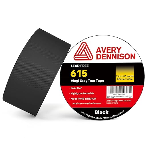 Avery Dennison Duct Tape, Heavy Duty PVC Easy Tear Tape, Strong Adhesive Waterproof Duct Tape for Indoor Outdoor Repairs, 2 in x 36 Yard, Black, 2 Rolls